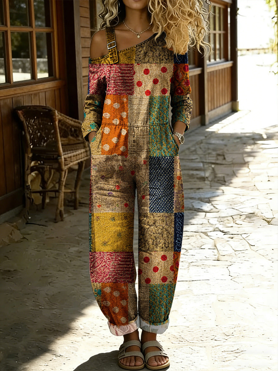Women's Retro Style Floral Art Print Washed Cotton Denim Patchwork Jumpsuit